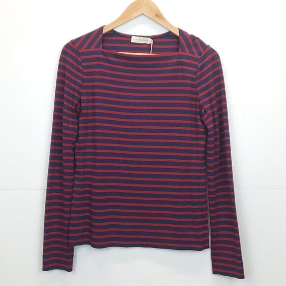 Tory Burch Boatneck Callan Top in Navy / Cabernet Colorbond Stripe F E-0146a - Picture 8 of 12